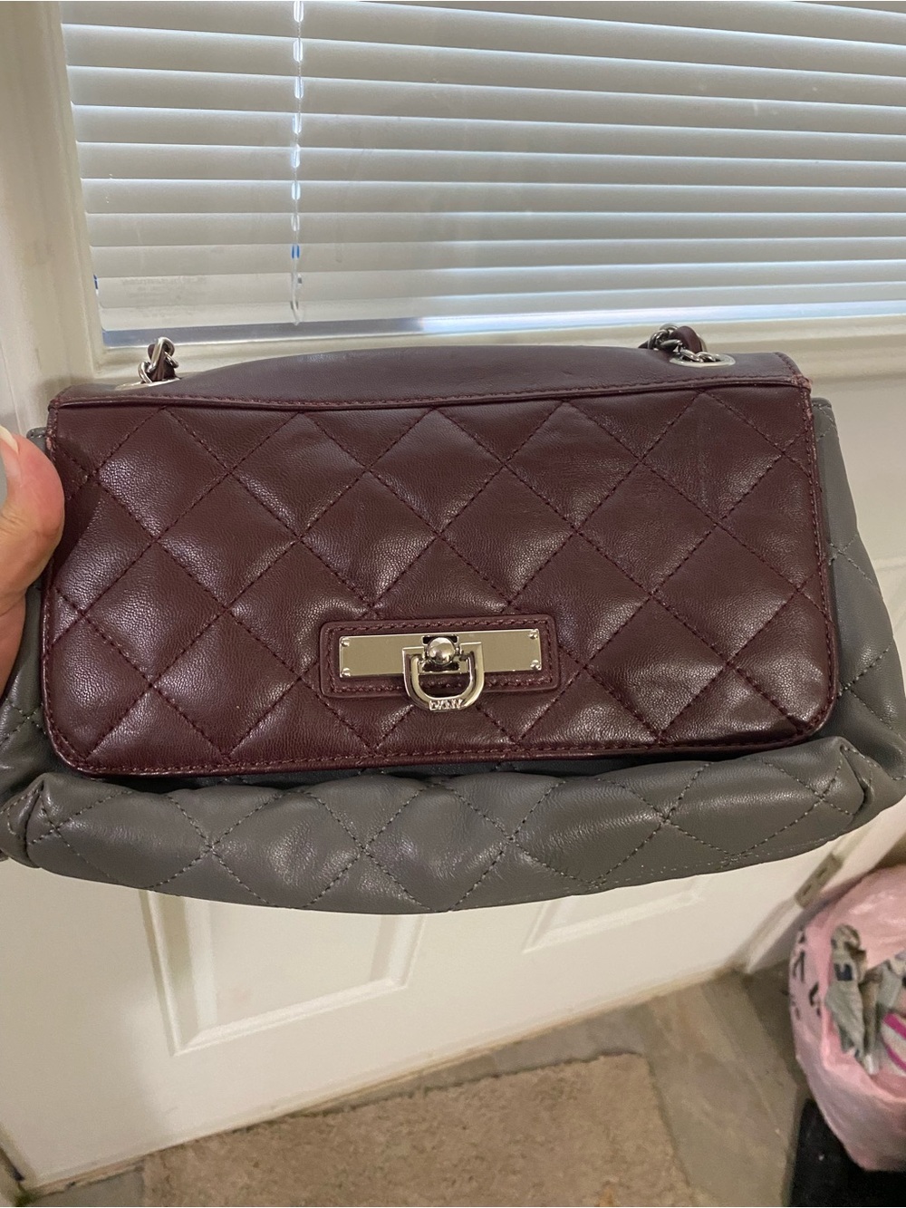 DKNY Quilted Two-Tone Shoulder Bag in Burgundy and Gray